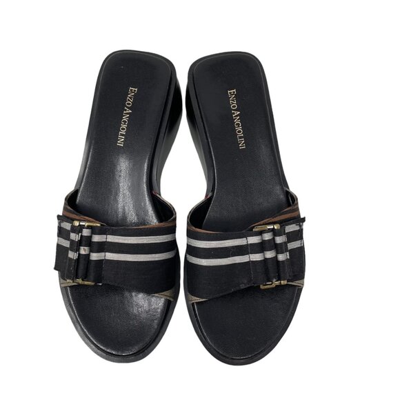 Y2K 90s Enzo Angiolini LIO Slide Wedge Sandals Womens 7 Open Toe Striped Black - Picture 5 of 11